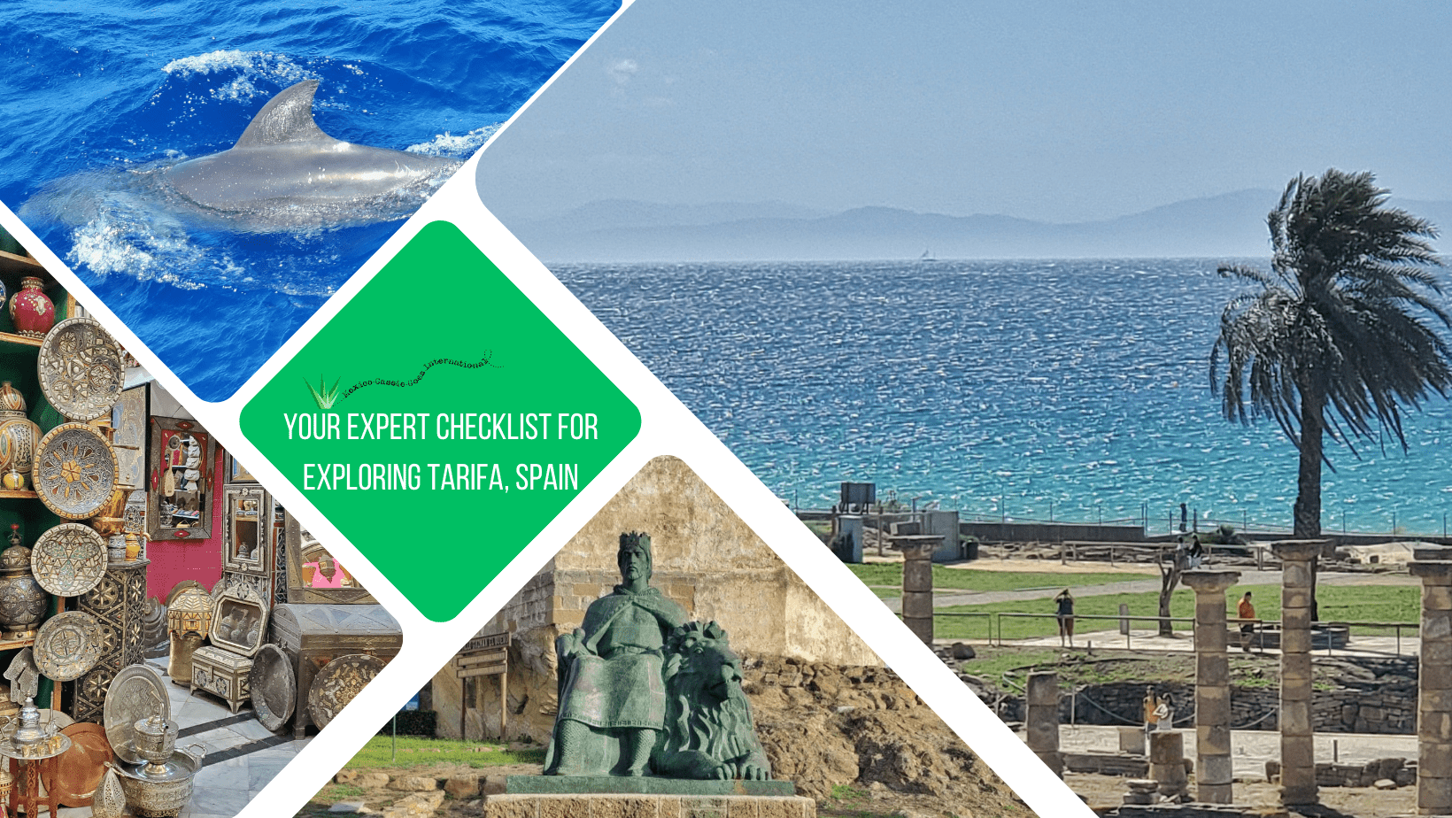 green text box: your expert checklist to exploring tarifa, spain. 4 photos - 1 of roman ruins against blue sea, mountains in background, 1 of a whale in the blue sea, 1 statue of a medieval king, 1 of moroccan shop