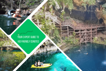 green text box: your expert guide to kid friendly cenotes. 4 photos of cenotes -3 have kids in (1 in kayak, 1 in rubber ring, 1 swimming)