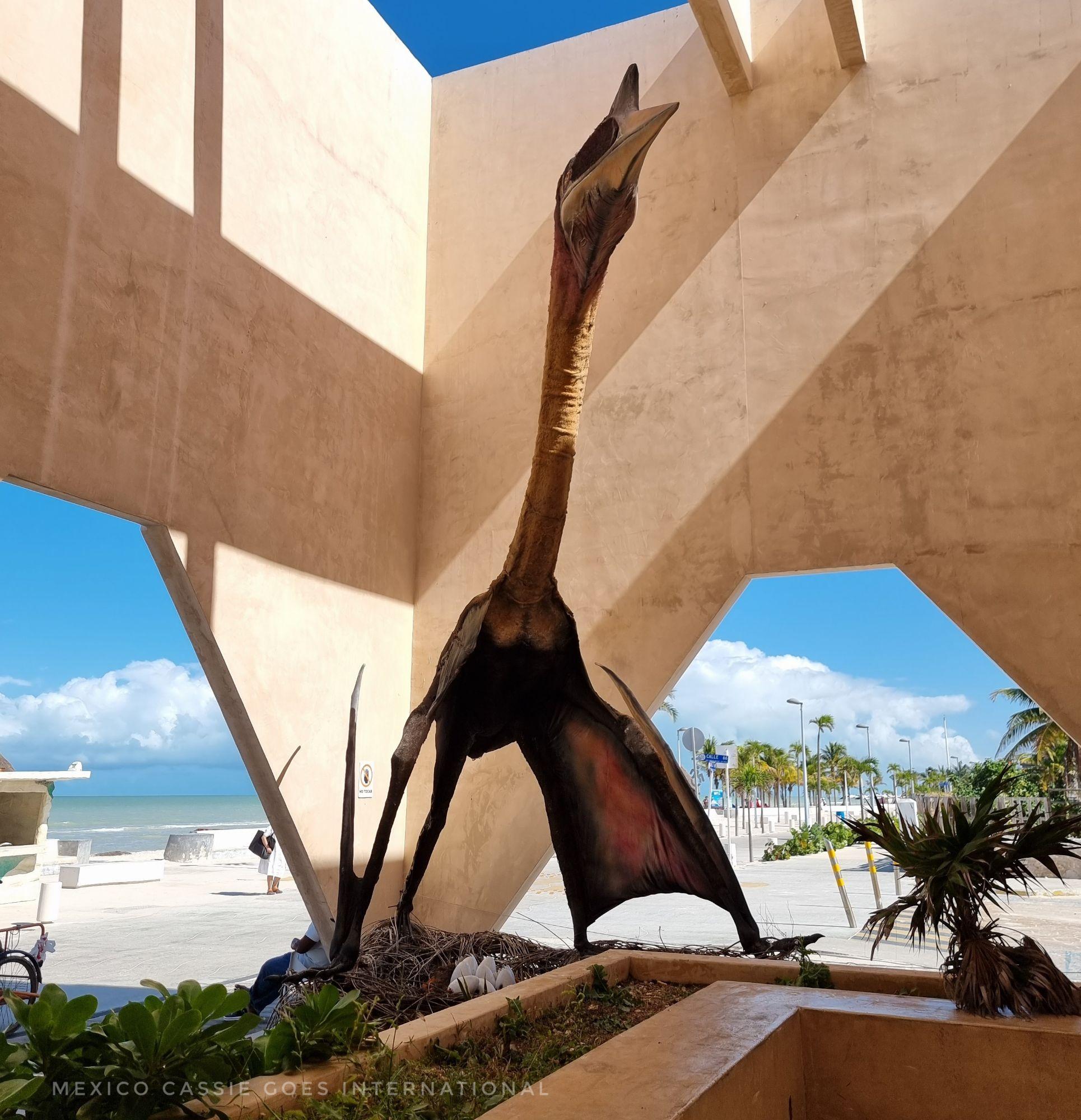 model of a winged dinosaur against white walls, sea in background