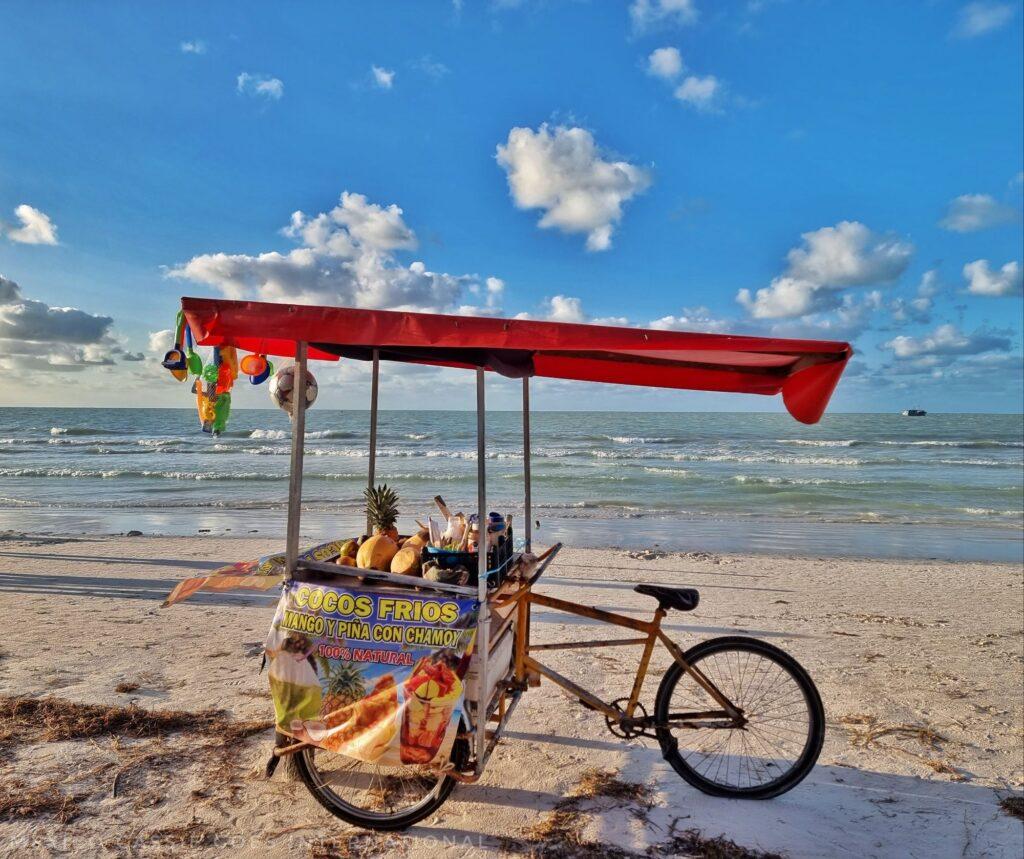 coconut seller bike cart (unattended), red canopy. sitting on beach