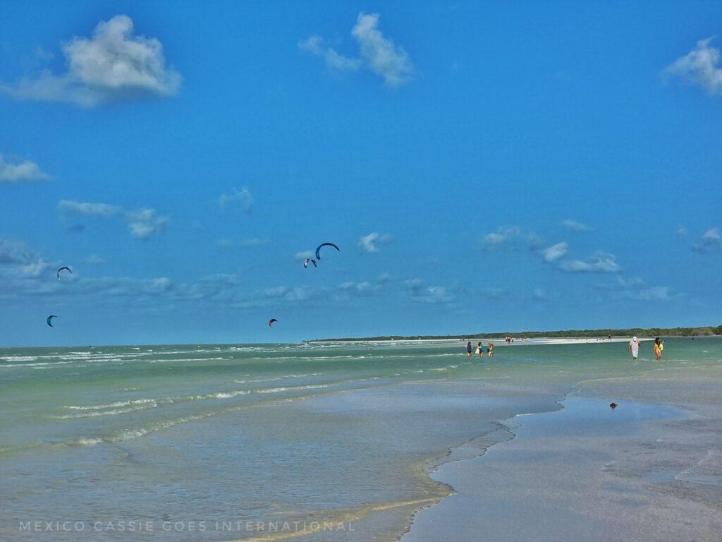 shallow sea, people wading through in background. kite surfers