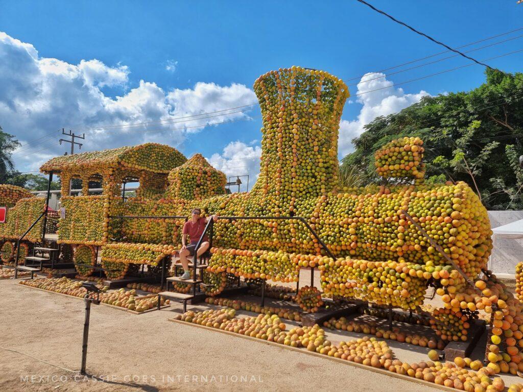 train made of oranges - cassie sitting on one side