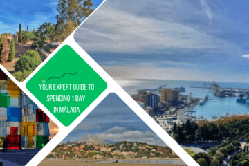 green text box: your expert guide to spending 1 day in Málaga. 4 photos of Málaga - view over port, beach, pompidou centre entrance and view over castle