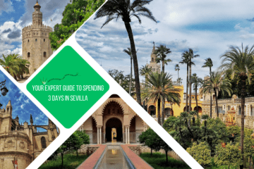 green text box: your expert guide to spending 3 days in Sevilla. 4 photos of Sevilla: 1 of ALcazar gardens, 1 of Alcazar, 1 of Torre de Oro, 1 of Cathedral