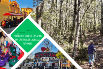 green text box: your expert guide to exploring san cristobal de las casas with kids. 4 photos - 1 of kid in forest, 1 of mini tourist train, 1 of plaza, 1 of toys in market