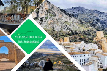 green text box: your expert guide to day trips from córdoba. 4 photos, 1 of kid art dusk looking over fields, 1 of Muslim citadel arches, 1 of bbq on beach and 1 of gorgeous village in mountains