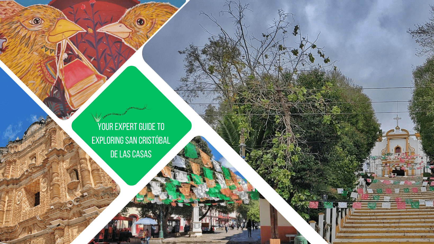 green text box: your expert guide to exploring san cristobal de las casas. 4 photos, 1 of steps up to a church, 1 of bunting on a plaza, 1 of an ornate church, 1 of street art of 2 birds
