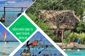 green text box: your expert guide to what to do in bacalar. 4 photos of gorgeous blue water lake with boats, swings over water etc