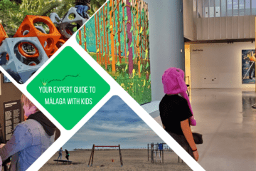 green text box: your expert guide to málaga with kids. 4 photos of kids in Málaga. 1 of kid in pink hat in an art gallery, 1 of beach playground, 1 of kids at arcade game and 1 of climbing cubes in a playground (orange and grey)