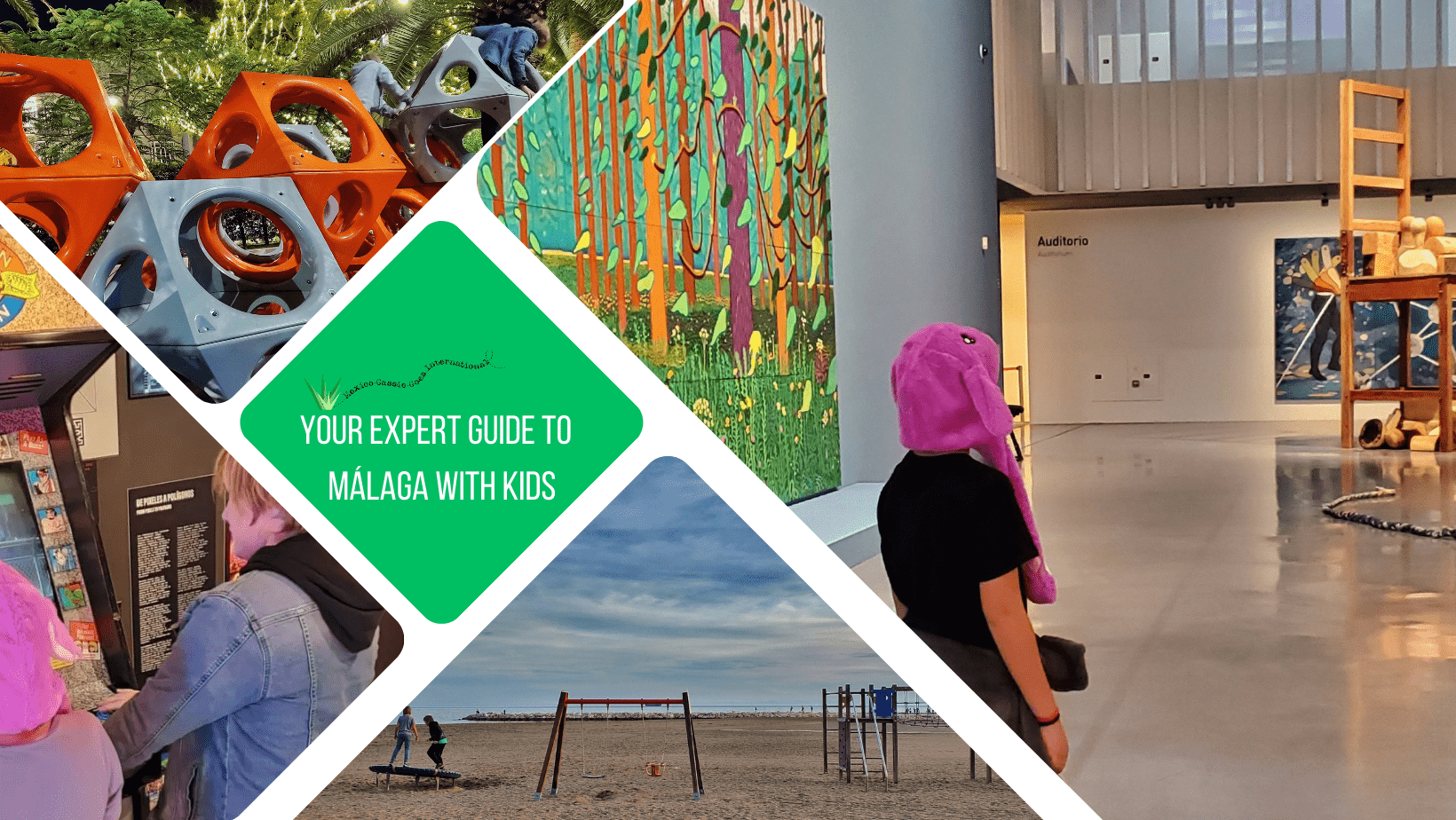 green text box: your expert guide to málaga with kids. 4 photos of kids in Málaga. 1 of kid in pink hat in an art gallery, 1 of beach playground, 1 of kids at arcade game and 1 of climbing cubes in a playground (orange and grey)