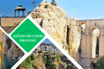 green text box: your expert guide to visiting ronda with kids. 4 photos of Ronda - one of the puente nuevo, 1 of a mirador, 1 of sunset turning rocks golden and one of views of buildings