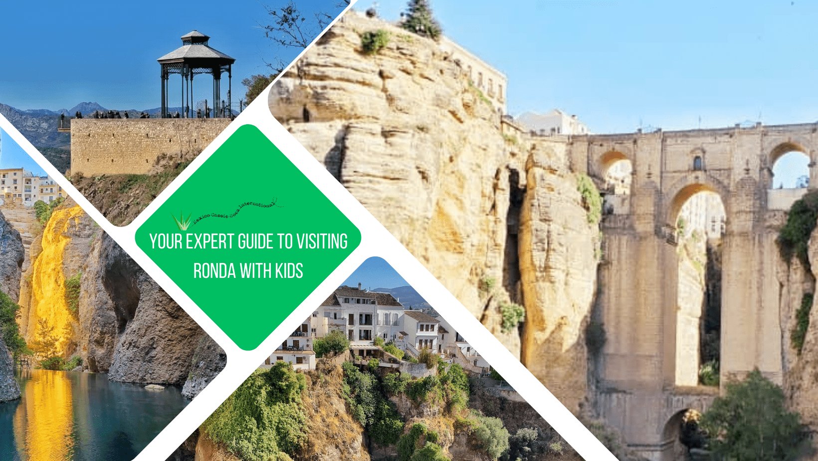 green text box: your expert guide to visiting ronda with kids. 4 photos of Ronda - one of the puente nuevo, 1 of a mirador, 1 of sunset turning rocks golden and one of views of buildings