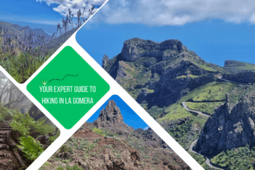 green text box: your expert guide to hiking in la gomera. 4 photos of the island - craggy rocks, paths through forests, views over valleys
