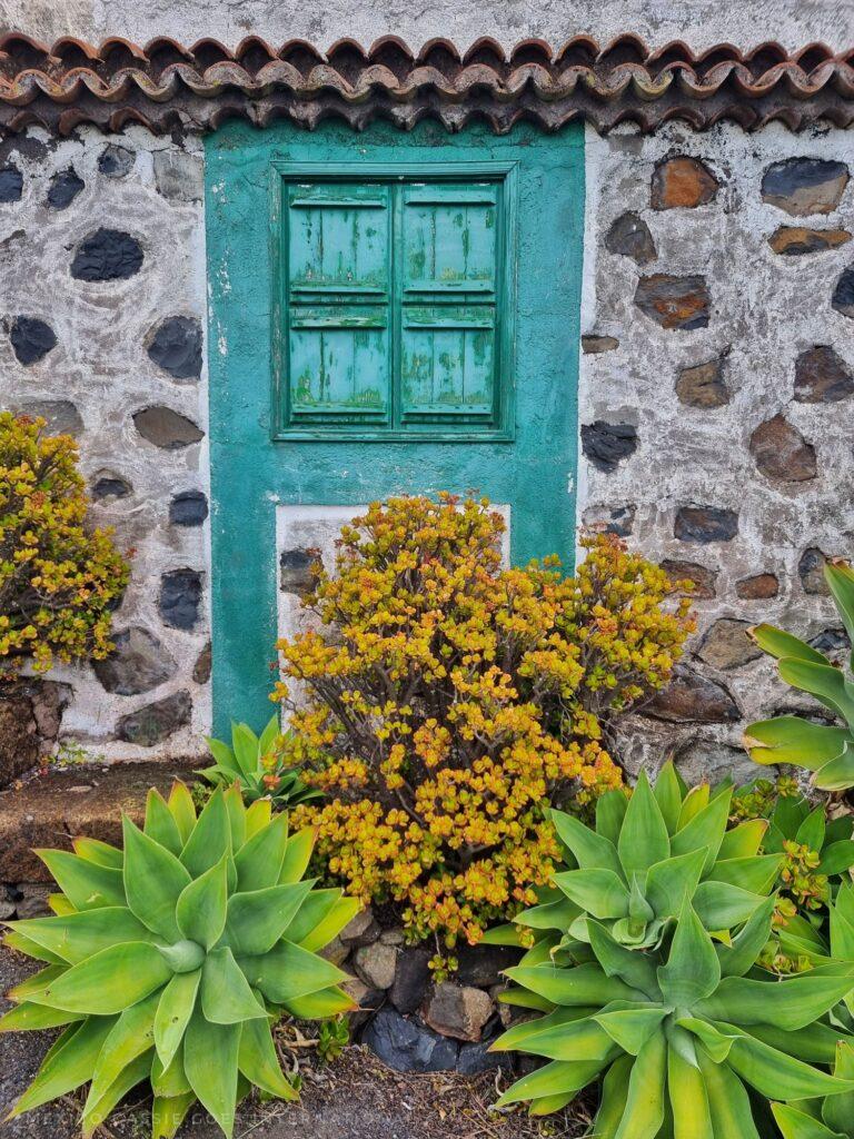 stone building, green door, succulents outside door