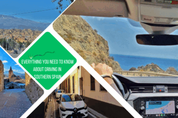 green text box: everything you need to know about driving in southern spain. 4 photos - 1 of car from inside, 3 street scenes (1 of cars on narrow road, 1 of empty narrow road and 1 of guadix entrance to city with mountains in distance)