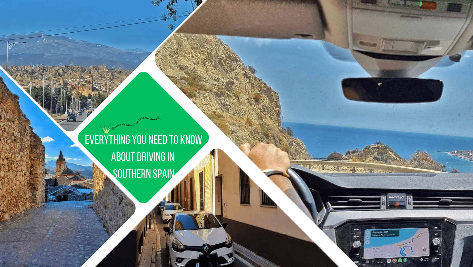 green text box: everything you need to know about driving in southern spain. 4 photos - 1 of car from inside, 3 street scenes (1 of cars on narrow road, 1 of empty narrow road and 1 of guadix entrance to city with mountains in distance)