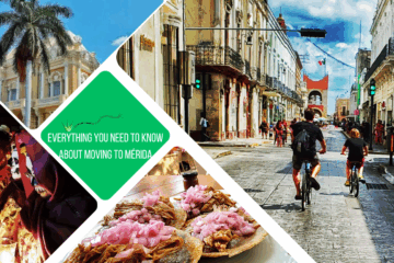 green text box: everything you need to know about moving to Mérida. 4 photos of Mérida - 1 of people on bikes cycling down a road, 1 of big pink house with palm tree in front of it, 1 of hanal pixan parade and 1 of salbutes