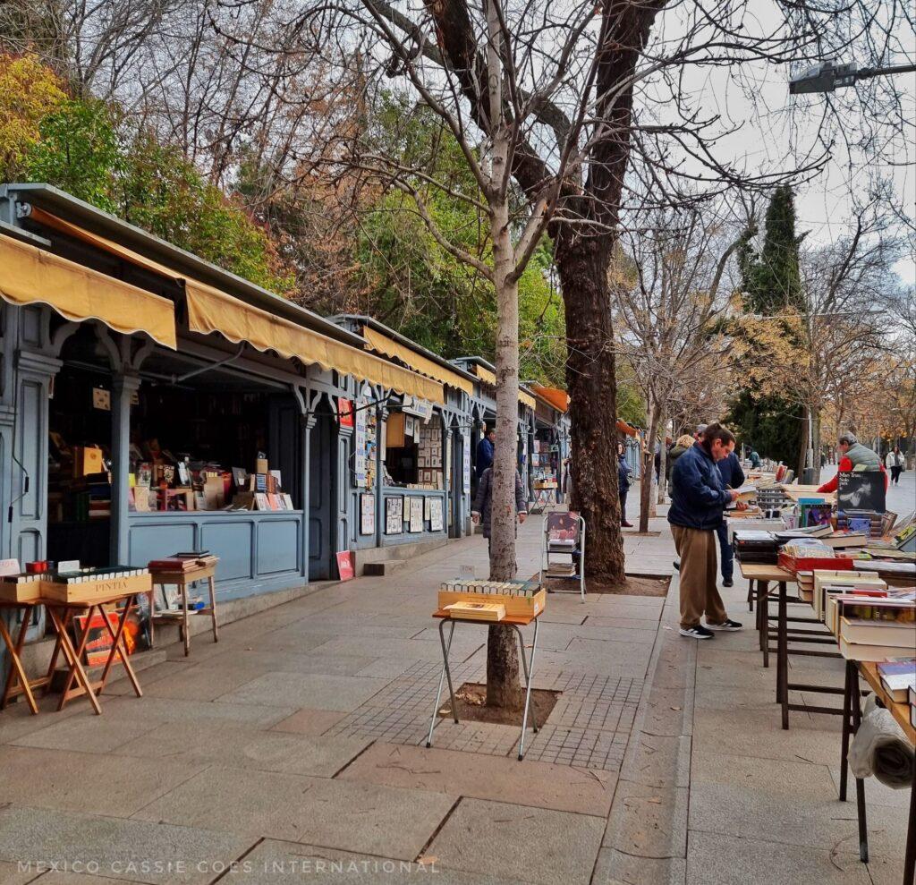 pedestrianised street with book stalls on one side and tables full of book on other