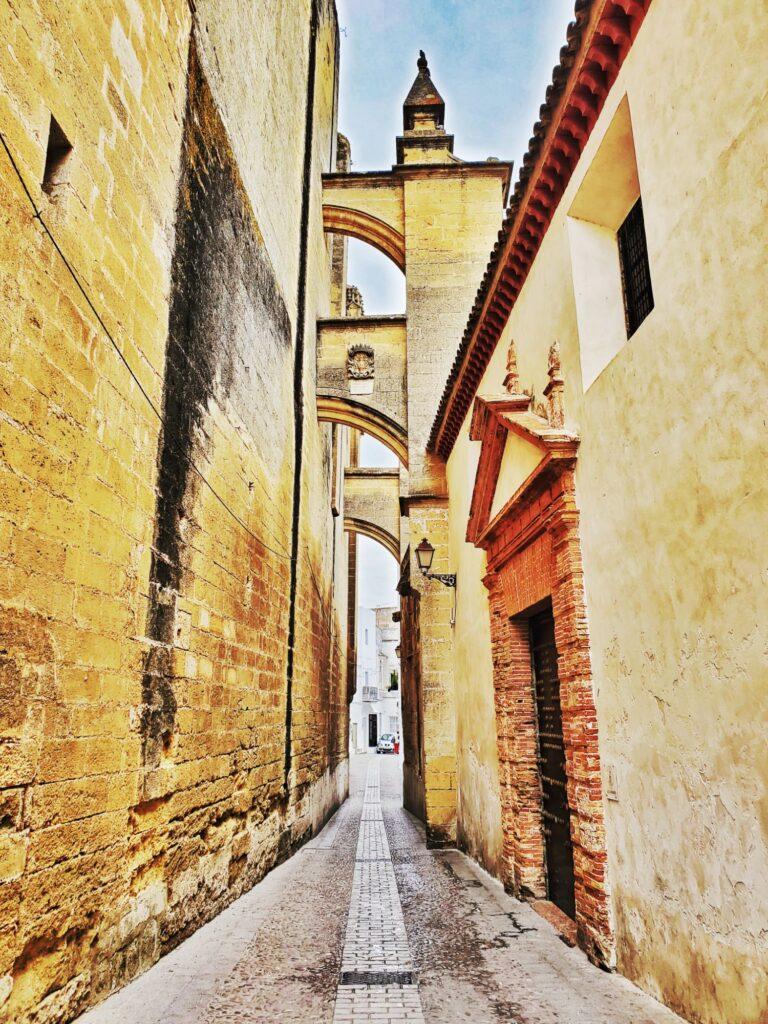 extremely narrow road between 2 buildings