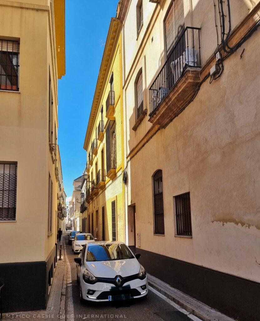 cars on extremely narrow road between tall buildings