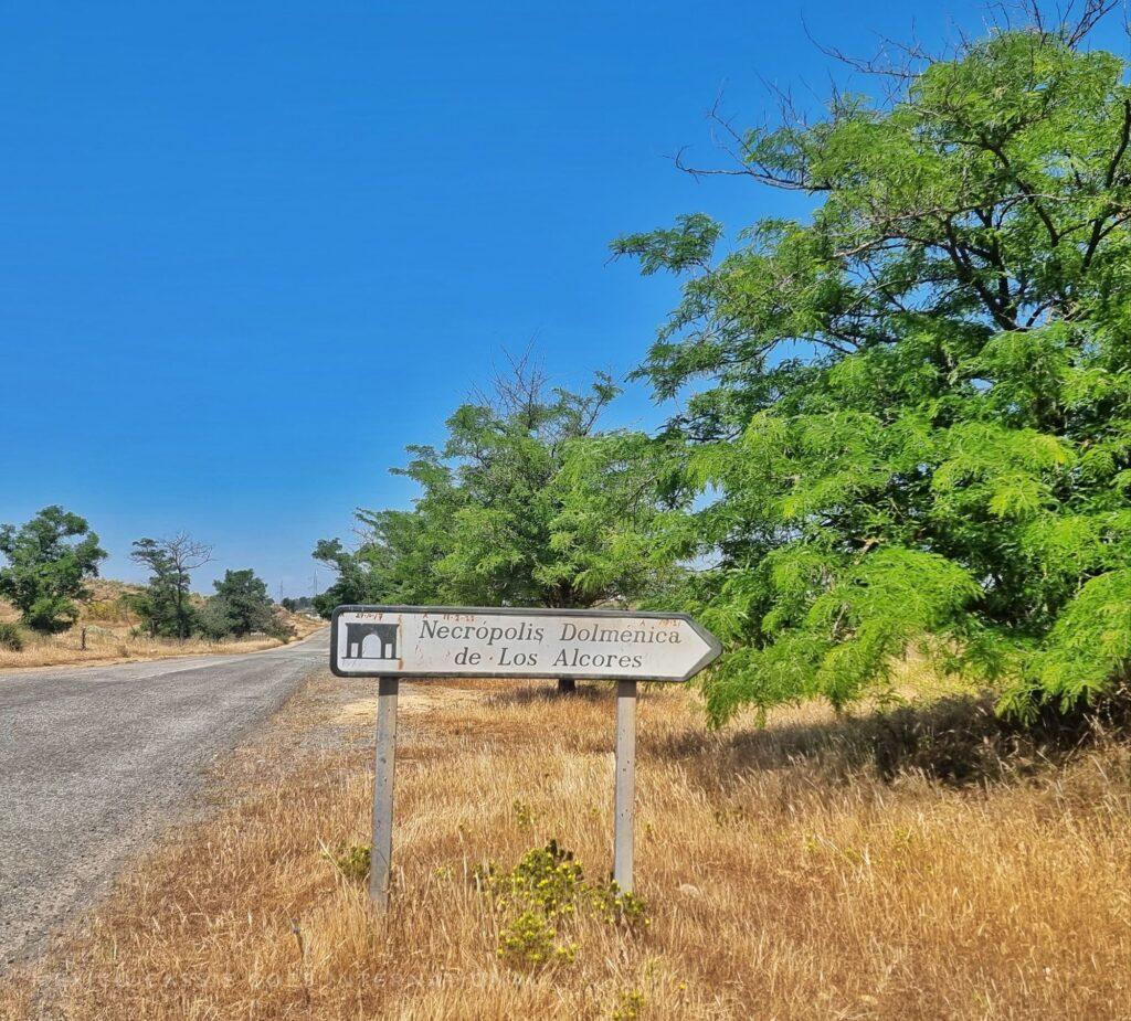 dry grass, road on left, green tree and 1 white sign that reads "Necropolis Domenica de los Alcores"