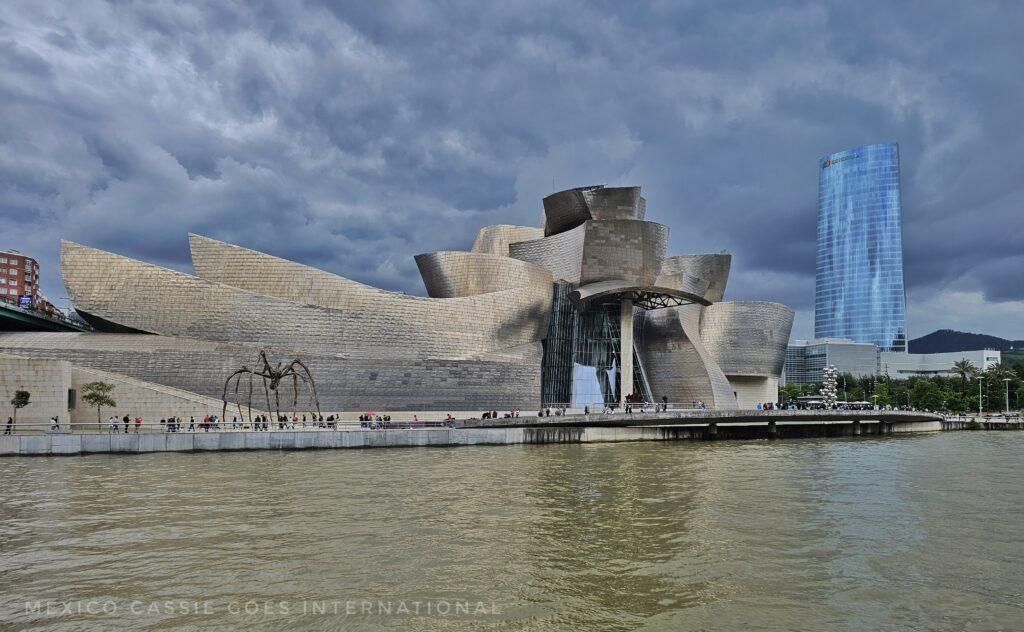 Guggenheim building (odd shapes, all silver) taken from across the river