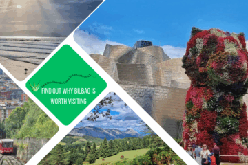 green text box: find out why Bilbao is worth visiting. 4 photos. 1 of the gugenheim and puppy flower sculpture, 1 of beach at sunset, 1 of fields and one of funicular