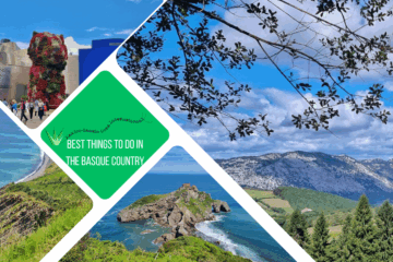 green text box: Best things to do in the Basque Country. 4 photos - 1 of Basque countryside, 1 of Guggenheim & the Puppy, 1 of flysh, one of San Juan de Gaxtelugazte