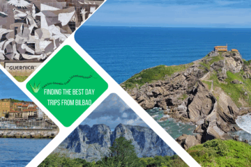 green text box: finding the best day trips from Bilbao. 4 photos of day trip options - one of Gurnika tile represention of Picasso's work, 1 of Getaria village taken from the water, 1 of mountains, and one of San Juan de Gaztelgaxte
