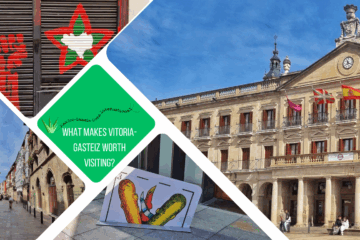 green text box: what makes Vitoria worth visiting? 4 photos, 1 of building on plaza nueva with flags and columns, 1 of street art, 1 of street in old town and 1 of a sculpture of a playing card