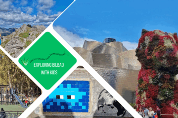 green text box: Bilbao with kids. 4 photos - 1 of the Puppy (flower dog sculpture), 1 of a mosaic space invader, 1 of kid on mountain top and 1 of a playground