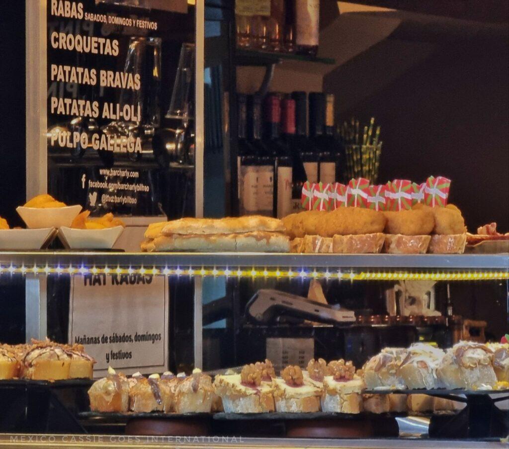 display of pintxos in a bar