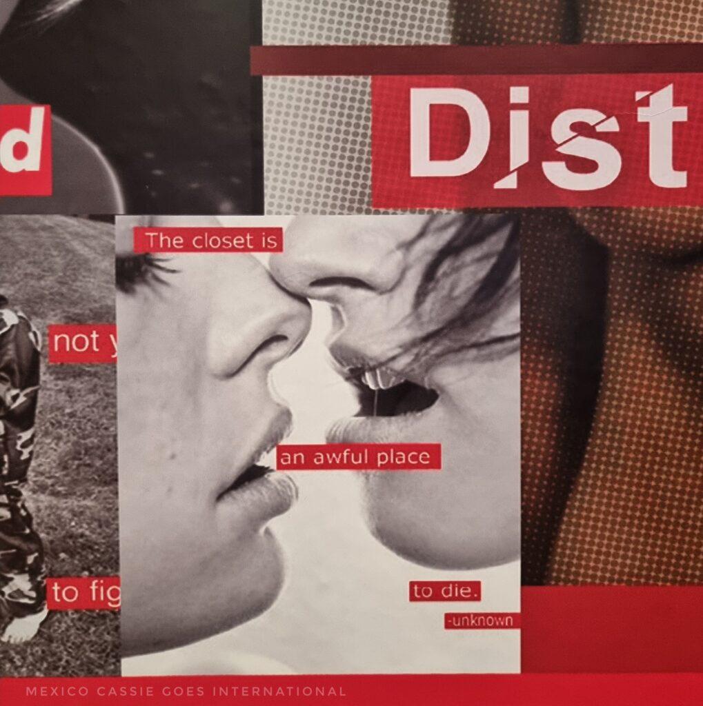 part of an art exhibition - focus is 2 women's faces, about to kiss - text in 4 separate boxes says "the closet is an awful place to die unknown"