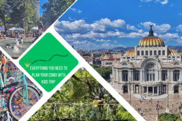green text box: everything you need to plan your cdmx with kids trip. 4 photos - 1 of las bellas artes building from above, 1 of skeletons on bikes, 1 of kid on rope course and 1 of kids in a fountain