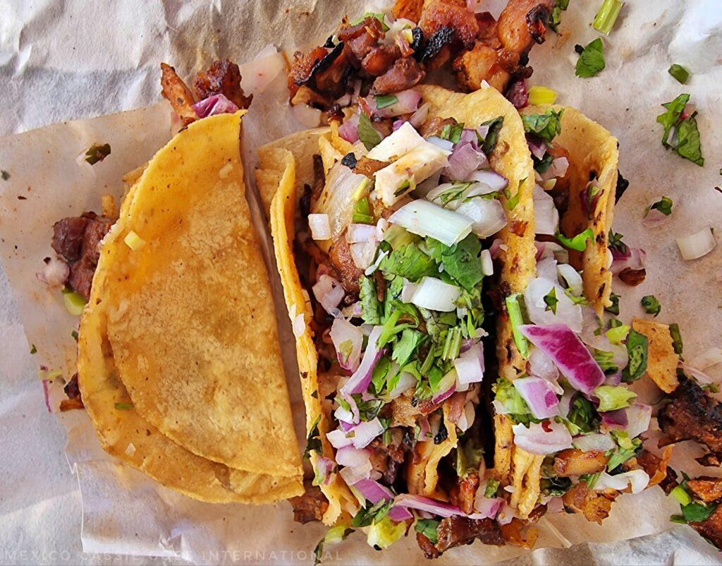looking down on 3 tacos filled with meat, onion, cilantro