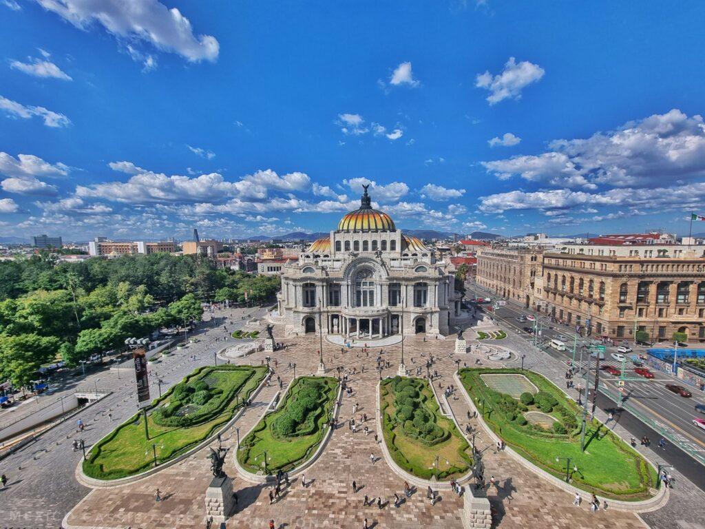 looking down over palacio de bellas artes and the lawns in front