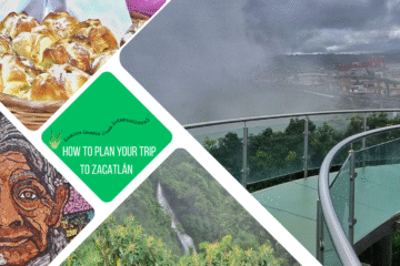 green text box: how to plan your trip to Zacatlán. 4 photos, 1 of the puente de cristal in the fog, 1 of pastries in a basket, 1 of a mosaic of an old woman's face, 1 of a waterfall in the mist