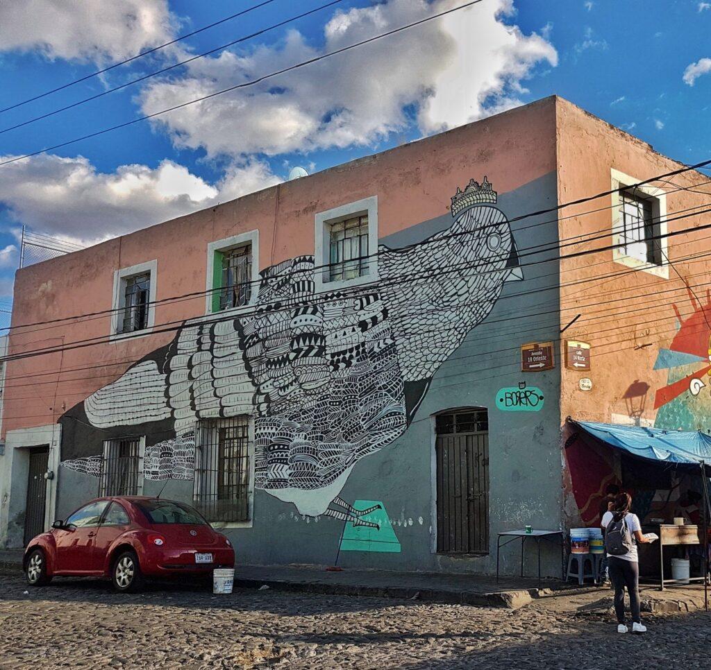 photo taken so you can see 2 side of a building, both with murals - main view is of a black and white pigeon with a crown