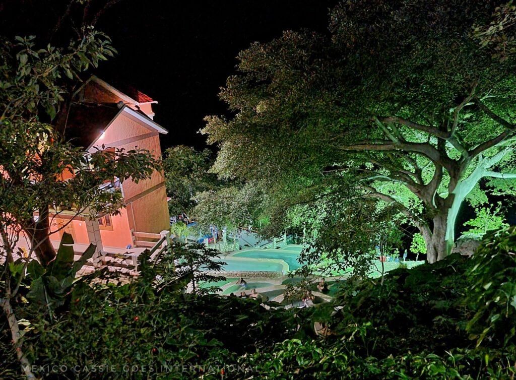 night shot - trees lit by lights underneath, red hotel building on left and lit pool in centre of photo