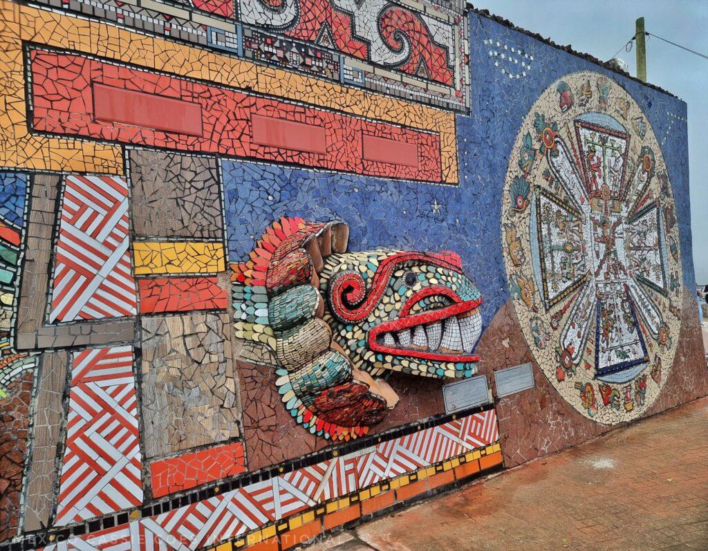 3d mural of an Aztec god Quezatlcoatl