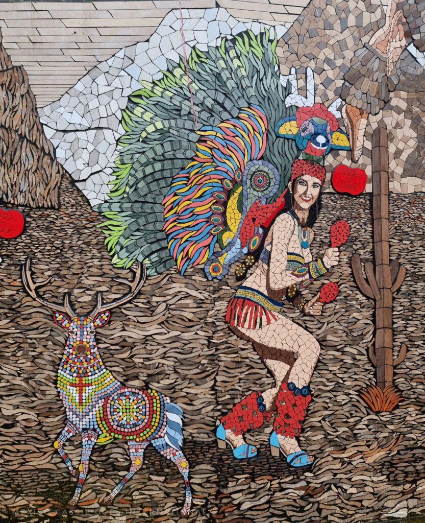 mosaic of an Indigenous person in high heels and traditional gear, mythical deer on left