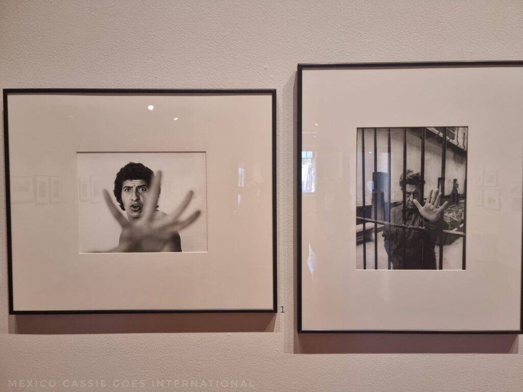 2 black and white photos. 1 of Victor Jara with his hand stretched, open towards the camera. 1 of Siqueiros in jail behind bars