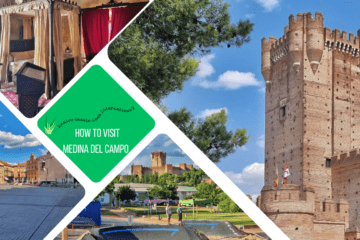 green text box: how to visit medina del campo. 4 photos, 1 of castle tower, 1 of kids playing on pump track with castle in background, 1 of a 4 poster bed and 1 of a large plaza