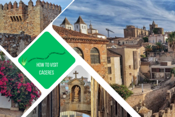 green text box: How to visit Cáceres. 4 photos of the city - one of medieval wall and buildings, one of a tower, one of the famous arch and one of a building covered in pink flowers
