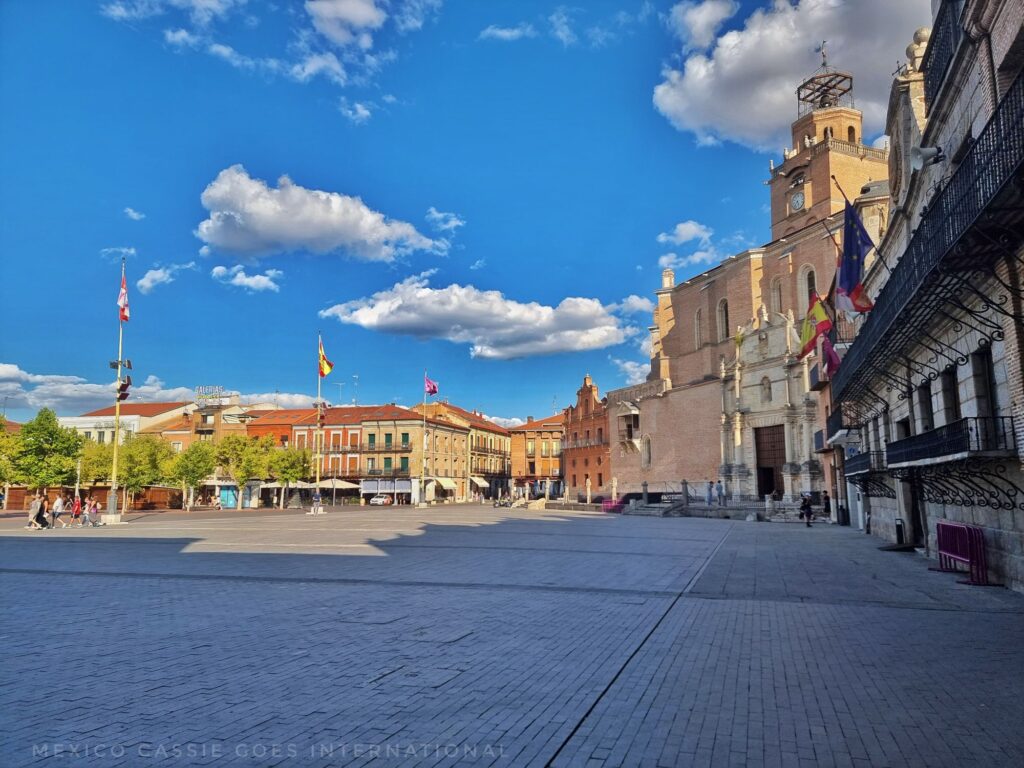 large and empty plaza with buildings on right hand side, blue sky, flags flying