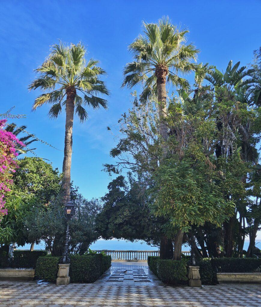 two palm trees, other trees, blue sky, black and white checkered floor, sea behind