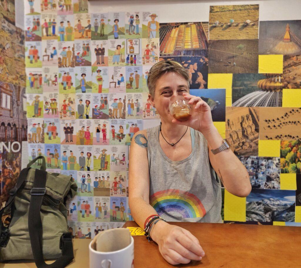 Cass drinking coffee in La Lectura in Cadiz