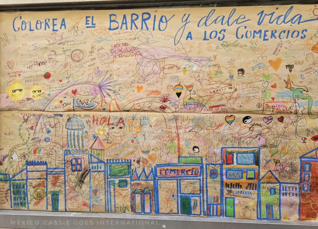 colorea el barrio y dale vida a los comercios and then drawings and names