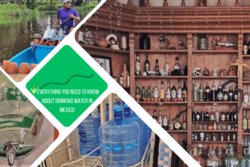 green text box: everything you need to know about drinking water in mexico. 4 photos - 1 of a container of water, 1 of a garafon, 1 of man selling drinks on a lake and 1 of an old fashioned bar
