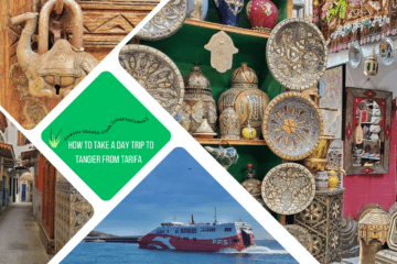green text box: how to take a day trip from tarifa to tangier. 4 photos. 1 of ferry on calm sea, 1 of inside of tangier shop, 1 of a large camel padlock and 1 of empty narrow street
